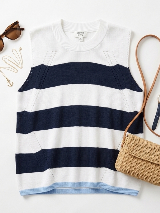 crown & ivy Tops - Crown & Ivy White And Navy Striped  Cotton Knit Sweater Tank Top
